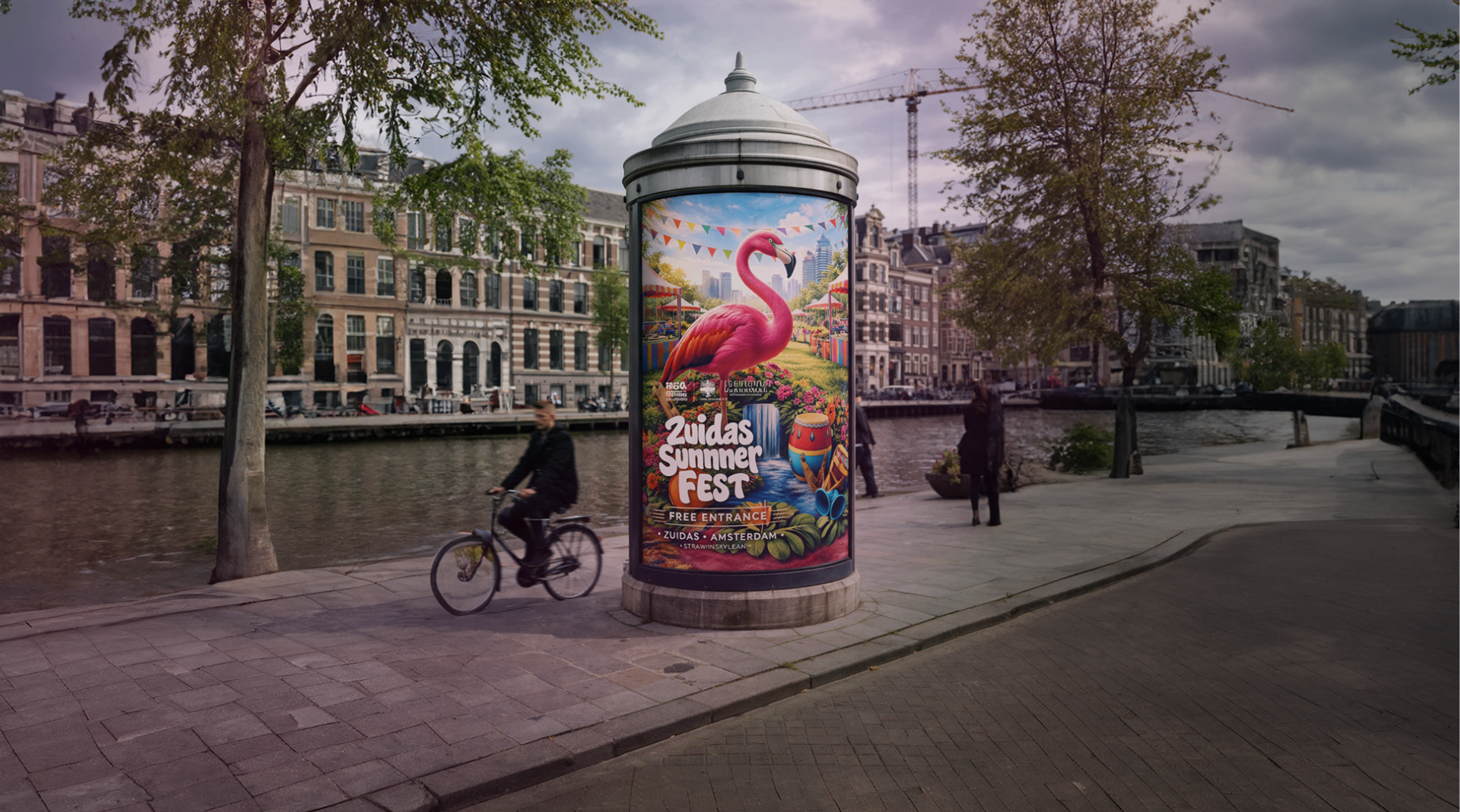 Outdoor advertising column along Amsterdam canal