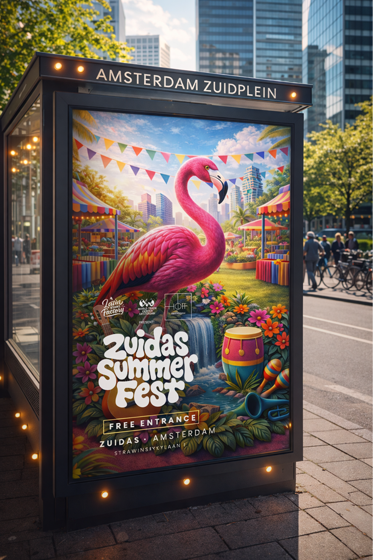 Bus shelter poster at Amsterdam Zuidplein